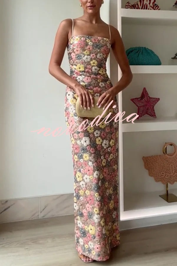 80's Inspired Floral Print Sequin Square Neck Slip Stretch Maxi Dress