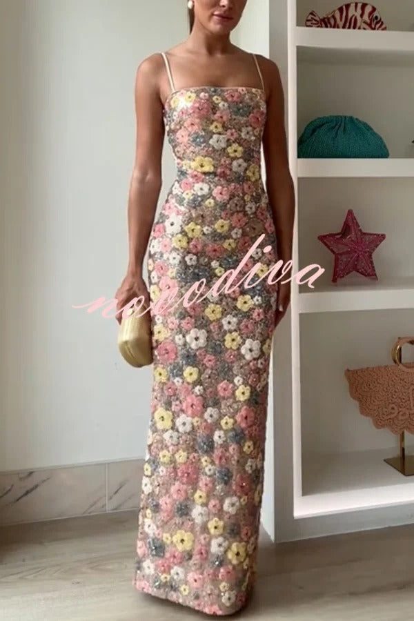 80's Inspired Floral Print Sequin Square Neck Slip Stretch Maxi Dress