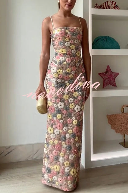 80's Inspired Floral Print Sequin Square Neck Slip Stretch Maxi Dress