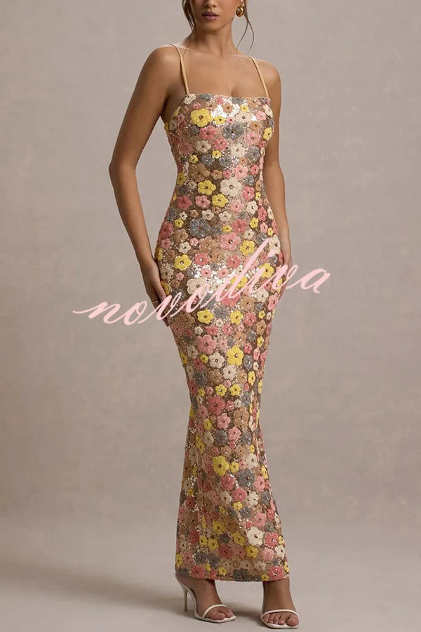 80's Inspired Floral Print Sequin Square Neck Slip Stretch Maxi Dress