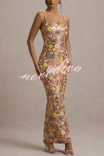 80's Inspired Floral Print Sequin Square Neck Slip Stretch Maxi Dress