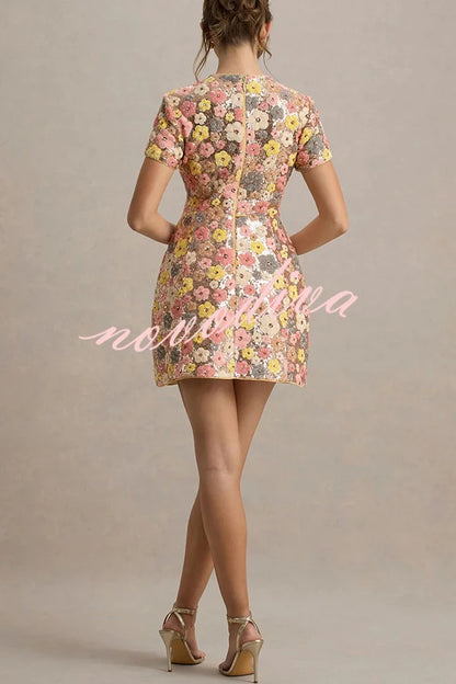 80's Inspired Floral Print Sequin Short Sleeve Stretch Mini Dress