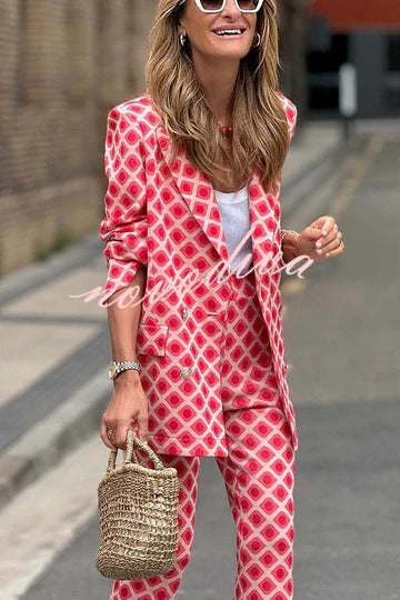 Chic Lady Unique Print Metal Button Pocketed Lapel Blazer and Elastic Waist Flare Pants Set