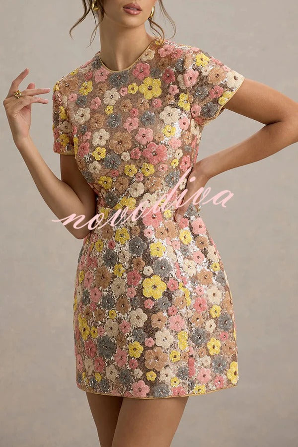 80's Inspired Floral Print Sequin Short Sleeve Stretch Mini Dress