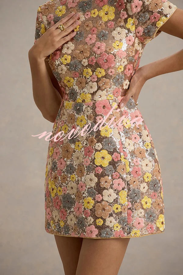 80's Inspired Floral Print Sequin Short Sleeve Stretch Mini Dress