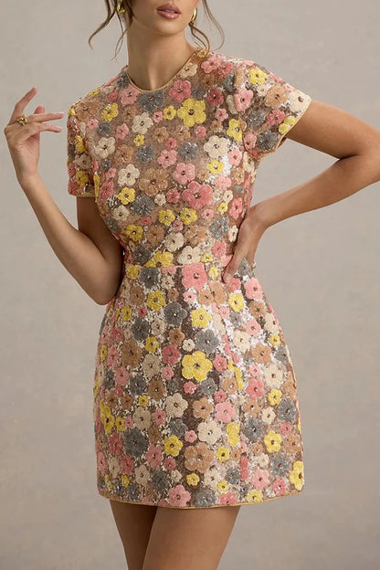 80's Inspired Floral Print Sequin Short Sleeve Stretch Mini Dress