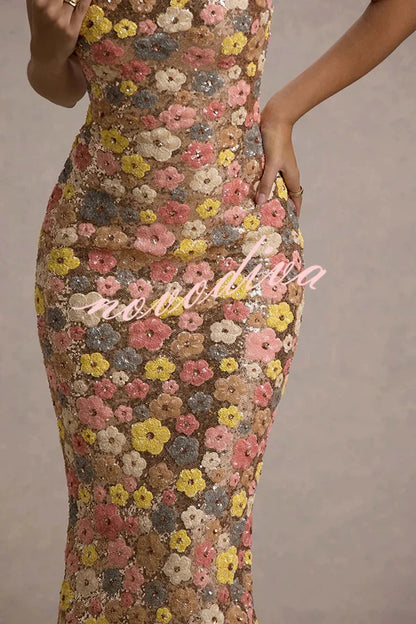 80's Inspired Floral Print Sequin Square Neck Slip Stretch Maxi Dress