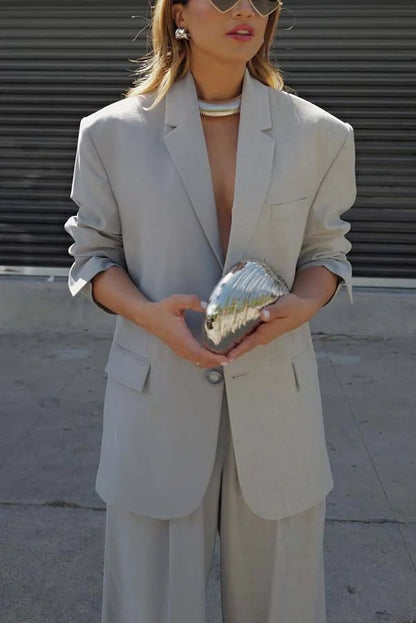 Work Style Lapel Long Sleeve Jacket and Button Belt Pocketed Slit Midi Skirt Set
