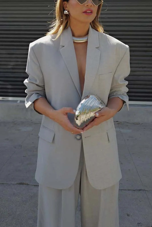 Work Style Lapel Long Sleeve Jacket and Button Belt Pocketed Slit Midi Skirt Set