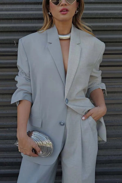 Work Style Lapel Long Sleeve Jacket and Button Belt Pocketed Slit Midi Skirt Set