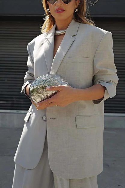 Work Style Lapel Long Sleeve Jacket and Button Belt Pocketed Slit Midi Skirt Set