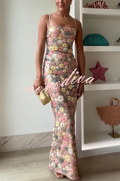 80's Inspired Floral Print Sequin Square Neck Slip Stretch Maxi Dress
