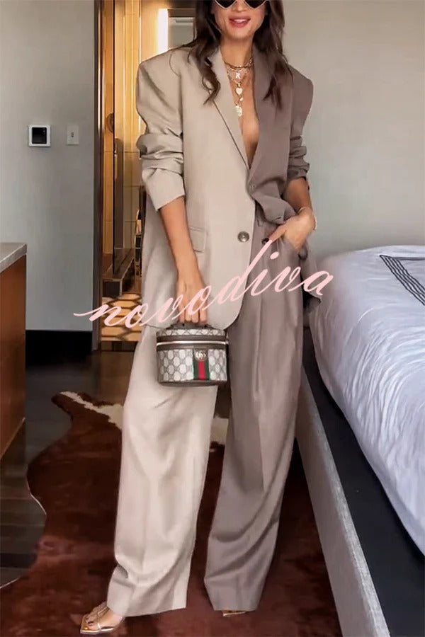 Work Style Lapel Long Sleeve Jacket and Button Belt Pocketed Slit Midi Skirt Set